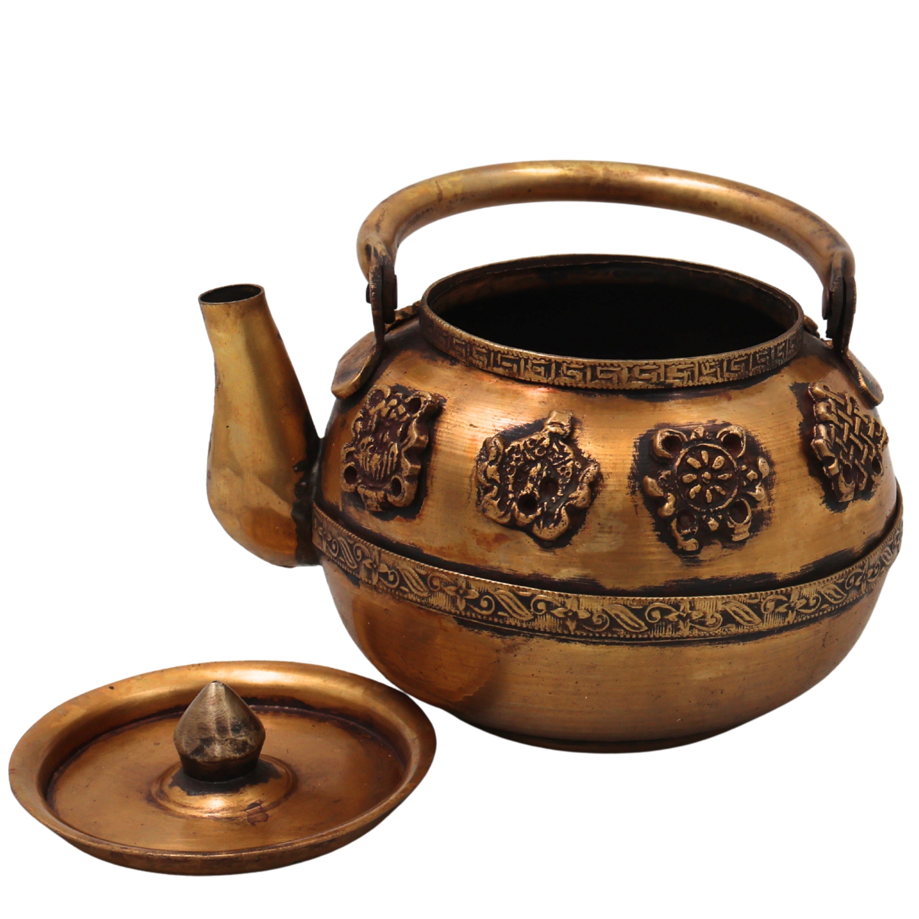 Brass Kettle Peetal Tea Pot Traditional Handcrafted Chola Style Pooja Decor Gifting Water Vessel, Gold, 7.5 Inch, 1 Piece