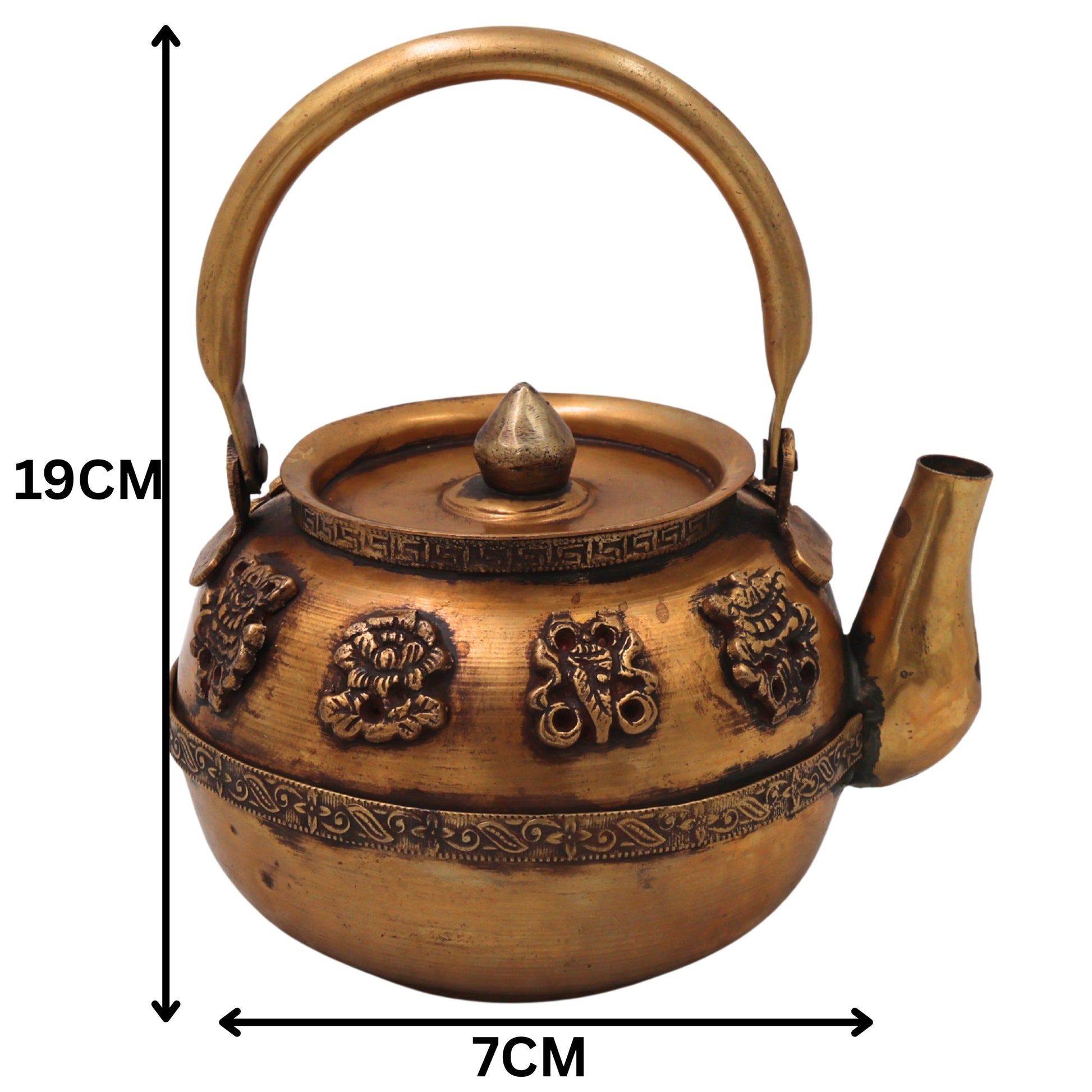 Brass Kettle Peetal Tea Pot Traditional Handcrafted Chola Style Pooja Decor Gifting Water Vessel, Gold, 7.5 Inch, 1 Piece