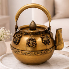 Brass Kettle Peetal Tea Pot Handcrafted Traditional Chola Style Pooja Home Decor Gifting Vessel, Gold, 6.5 Inch, 1 Piece