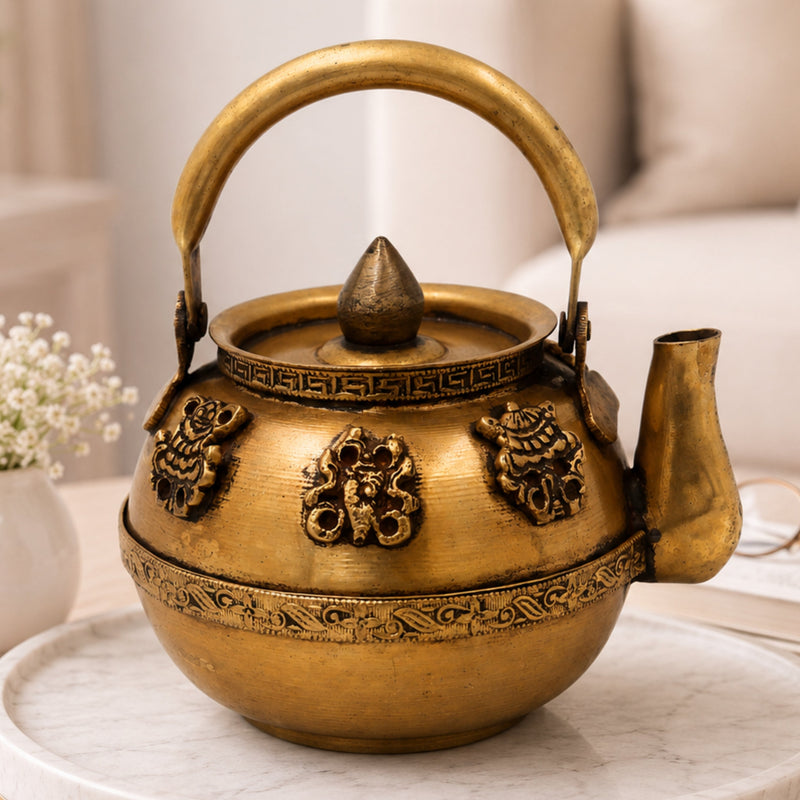 Brass Kettle Peetal Tea Pot Handcrafted Traditional Chola Style Pooja Home Decor Gifting Vessel, Gold, 6.5 Inch, 1 Piece