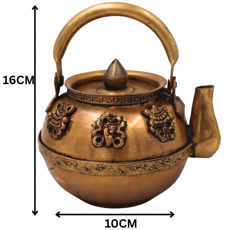 Brass Kettle Peetal Tea Pot Handcrafted Traditional Chola Style Pooja Home Decor Gifting Vessel, Gold, 6.5 Inch, 1 Piece