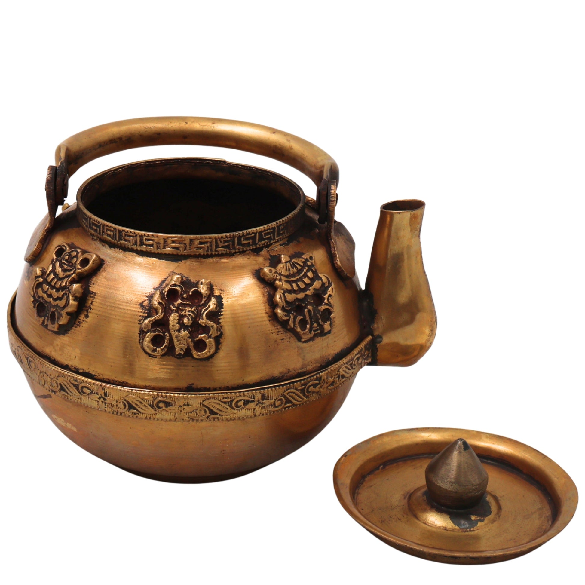 Brass Kettle Peetal Tea Pot Handcrafted Traditional Chola Style Pooja Home Decor Gifting Vessel, Gold, 6.5 Inch, 1 Piece