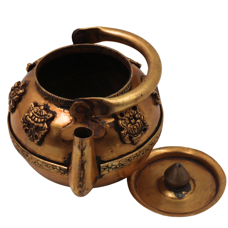 Brass Kettle Peetal Tea Pot Handcrafted Traditional Chola Style Pooja Home Decor Gifting Vessel, Gold, 6.5 Inch, 1 Piece