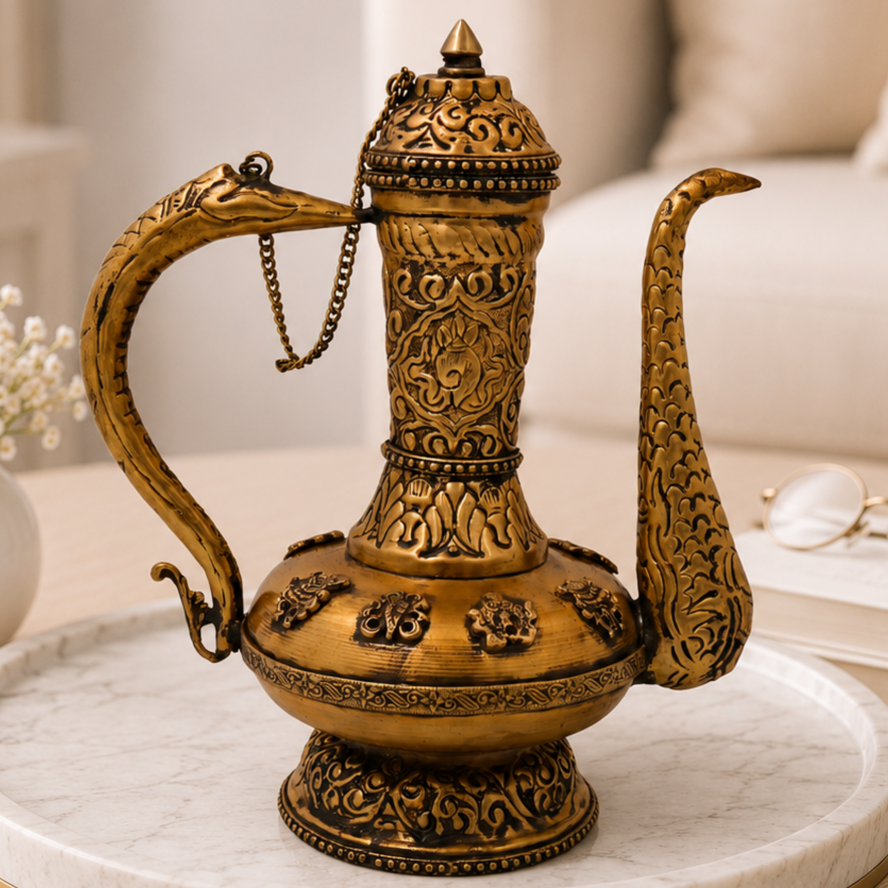 Handcrafted Brass Kettle Traditional Tea Pot Water Vessel for Pooja Temple Decor Gifting Heritage Artware, Gold, 9.5 Inch, 1 Piece
