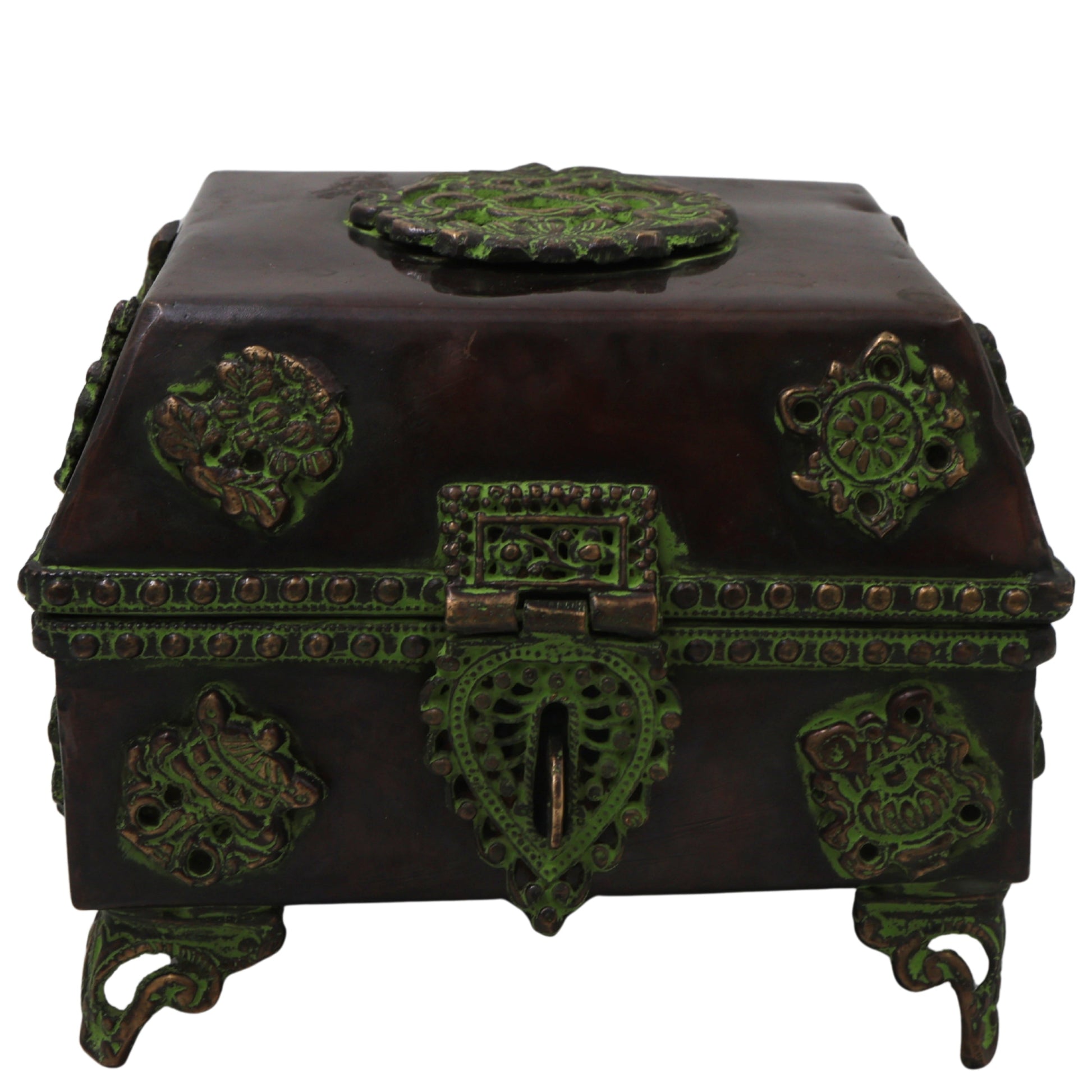 Brass Pooja Box Handcrafted Traditional Peetal Kumkum Storage Case for Temple Decor & Spiritual Gifting, Brown, 4.5 Inch, 1 Piece