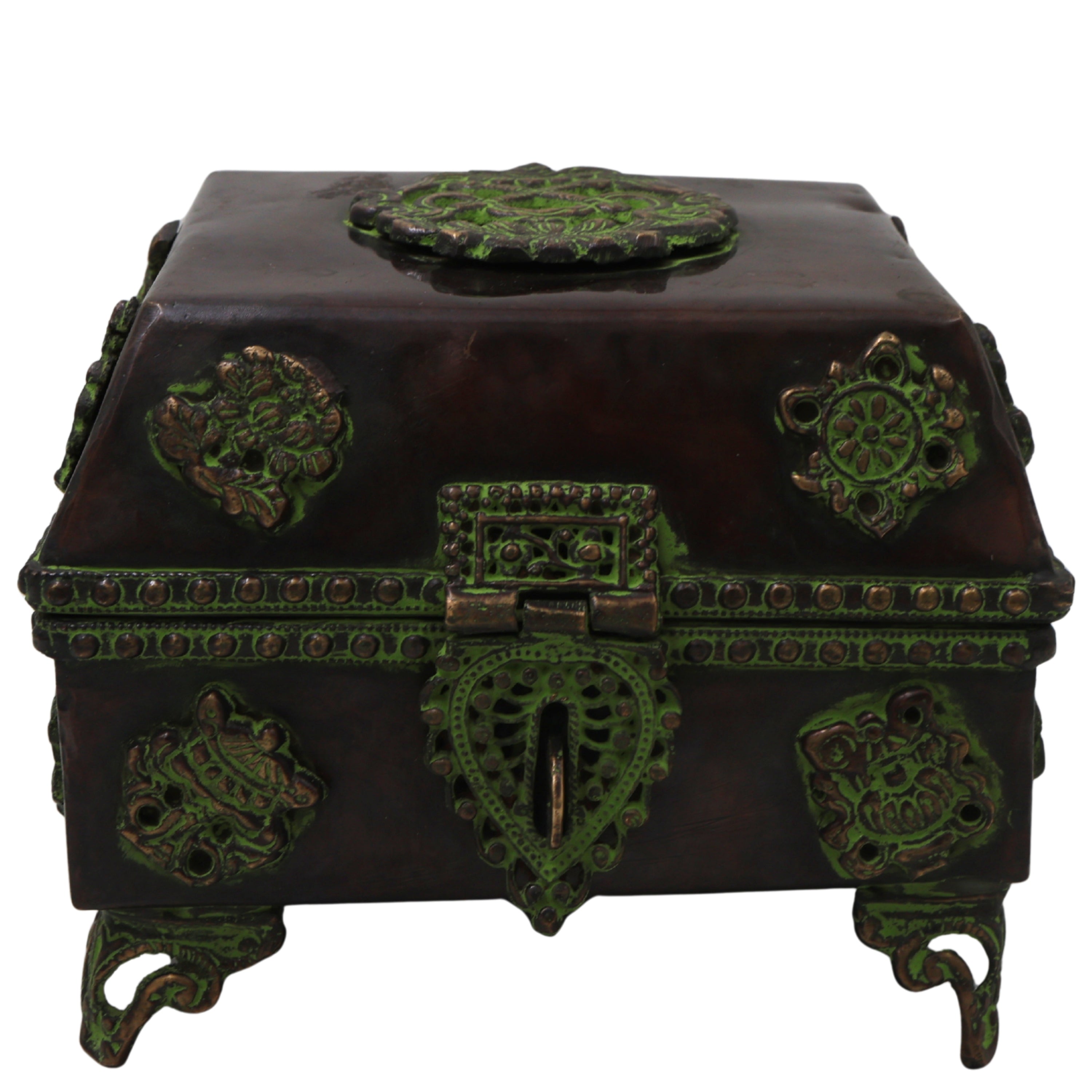 Brass Pooja Box Handcrafted Traditional Peetal Kumkum Storage Case for Temple Decor & Spiritual Gifting, Brown, 4.5 Inch, 1 Piece
