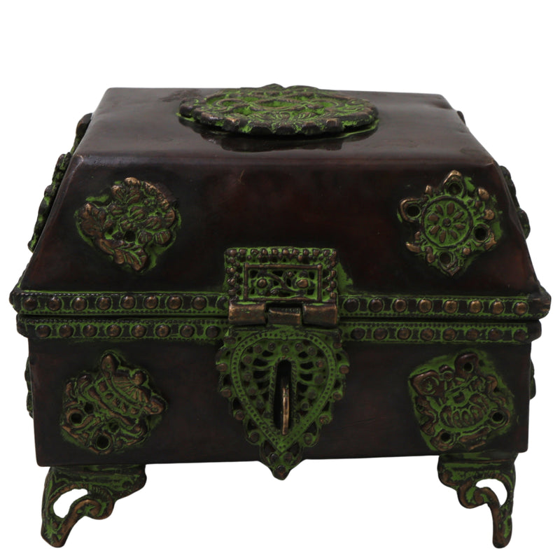 Brass Pooja Box Handcrafted Traditional Peetal Kumkum Storage Case for Temple Decor & Spiritual Gifting, Brown, 4.5 Inch, 1 Piece