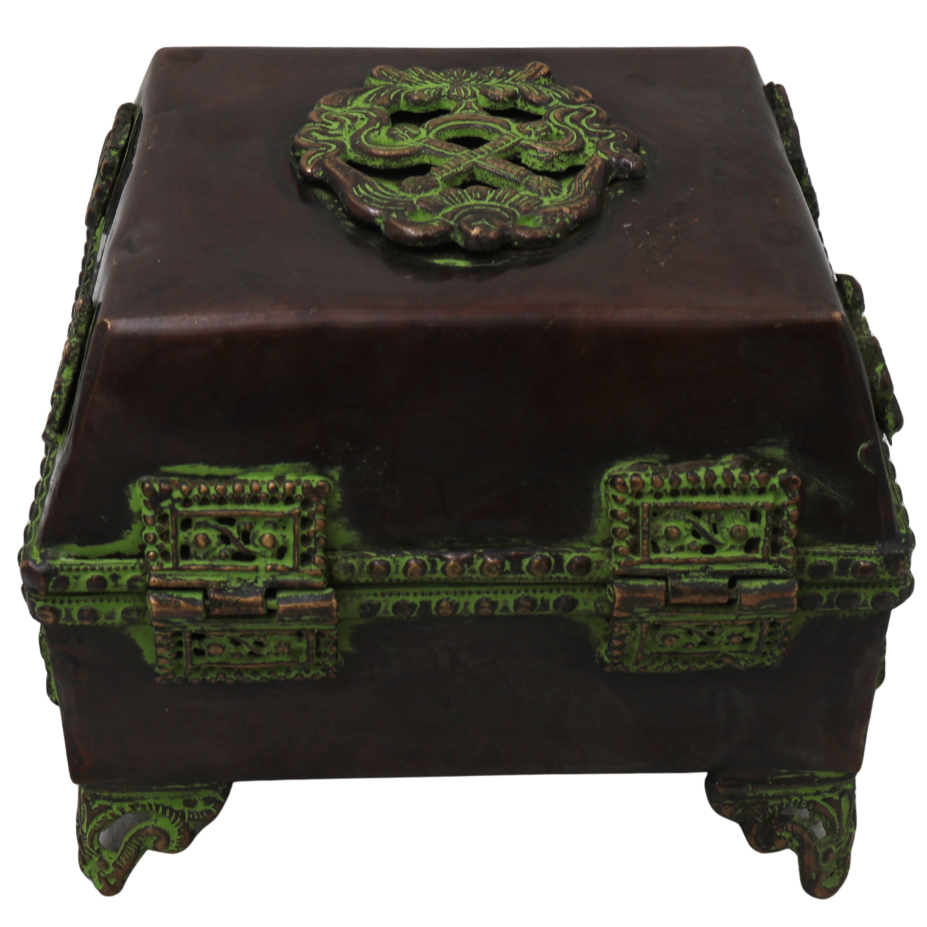 Brass Pooja Box Handcrafted Traditional Peetal Kumkum Storage Case for Temple Decor & Spiritual Gifting, Brown, 4.5 Inch, 1 Piece