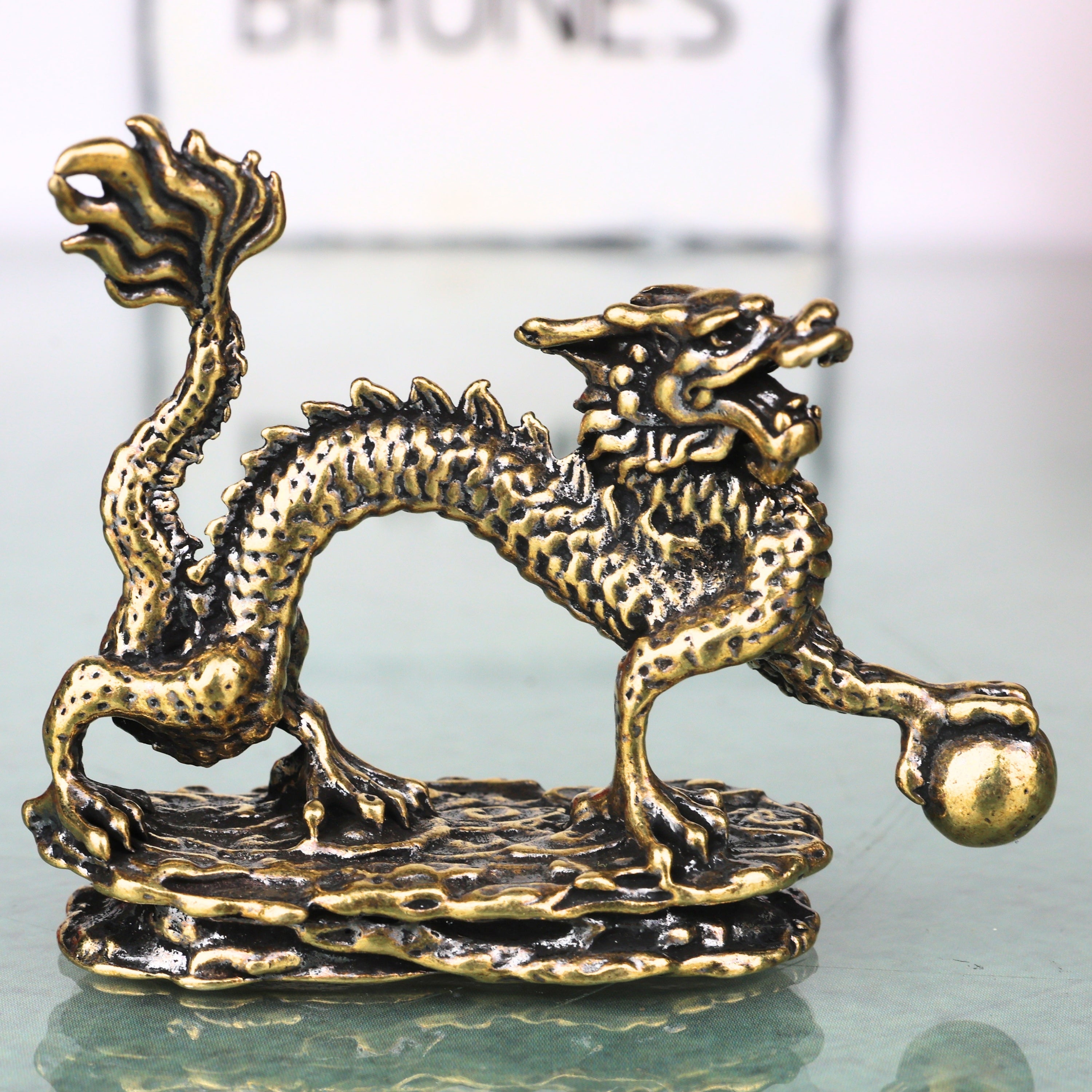 Brass Dragon Table Decorative Statue Handcrafted Feng Shui Wealth Protector Idol for Vastu Home Decor Gifting, Gold, 2 Inch, 1 Piece