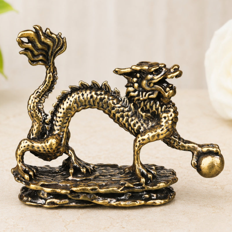 Brass Dragon Table Decorative Statue Handcrafted Feng Shui Wealth Protector Idol for Vastu Home Decor Gifting, Gold, 2 Inch, 1 Piece