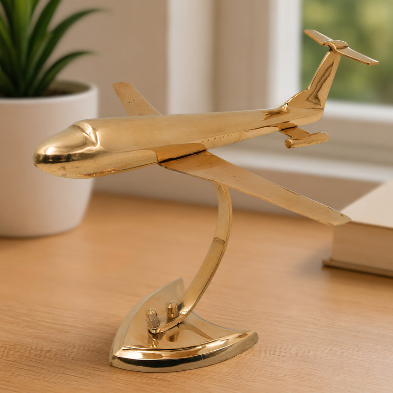 Brass Aeroplane Vimana Showpiece Handcrafted Traditional Aviation Sculpture Home Decor Corporate Gift, Gold, 6.5 Inch, 1 Piece