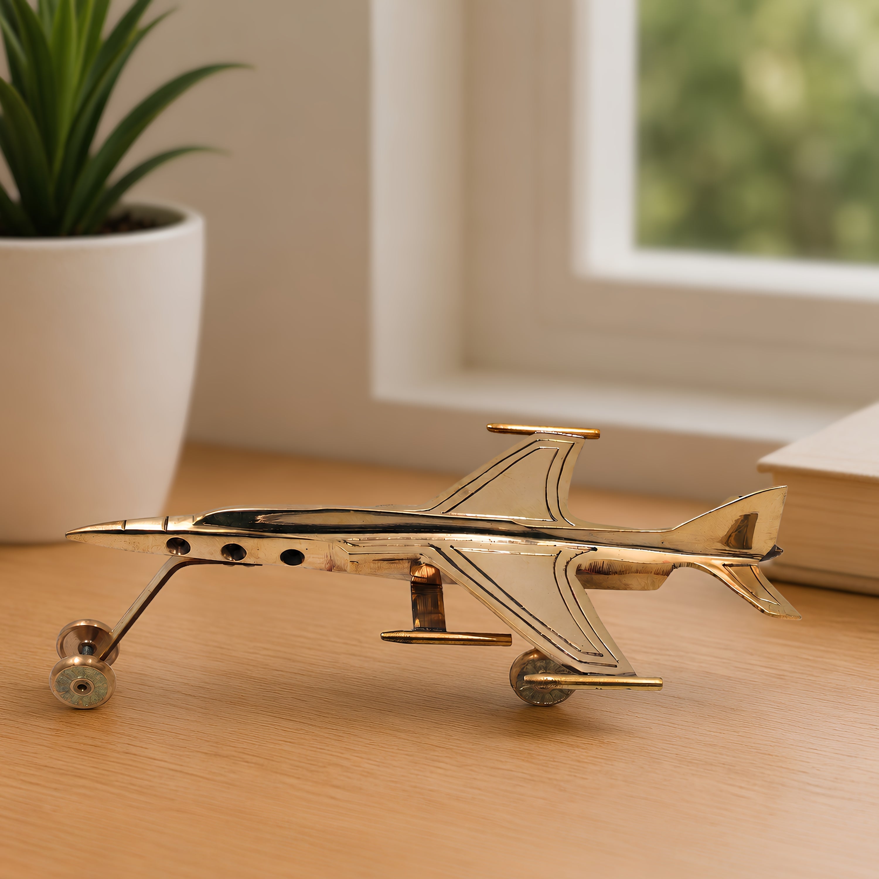 Brass Jet Vimana Showpiece Handcrafted Traditional Aviation Decor Idol for Home Office Vaastu Gifting, Gold, 3 Inch, 1 Piece