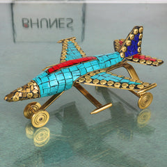 Brass Airplane Sculpture Handcrafted Traditional Vimana Aircraft Showpiece for Home Decor & Gifting, Blue, 4 Inch, 1 Piece