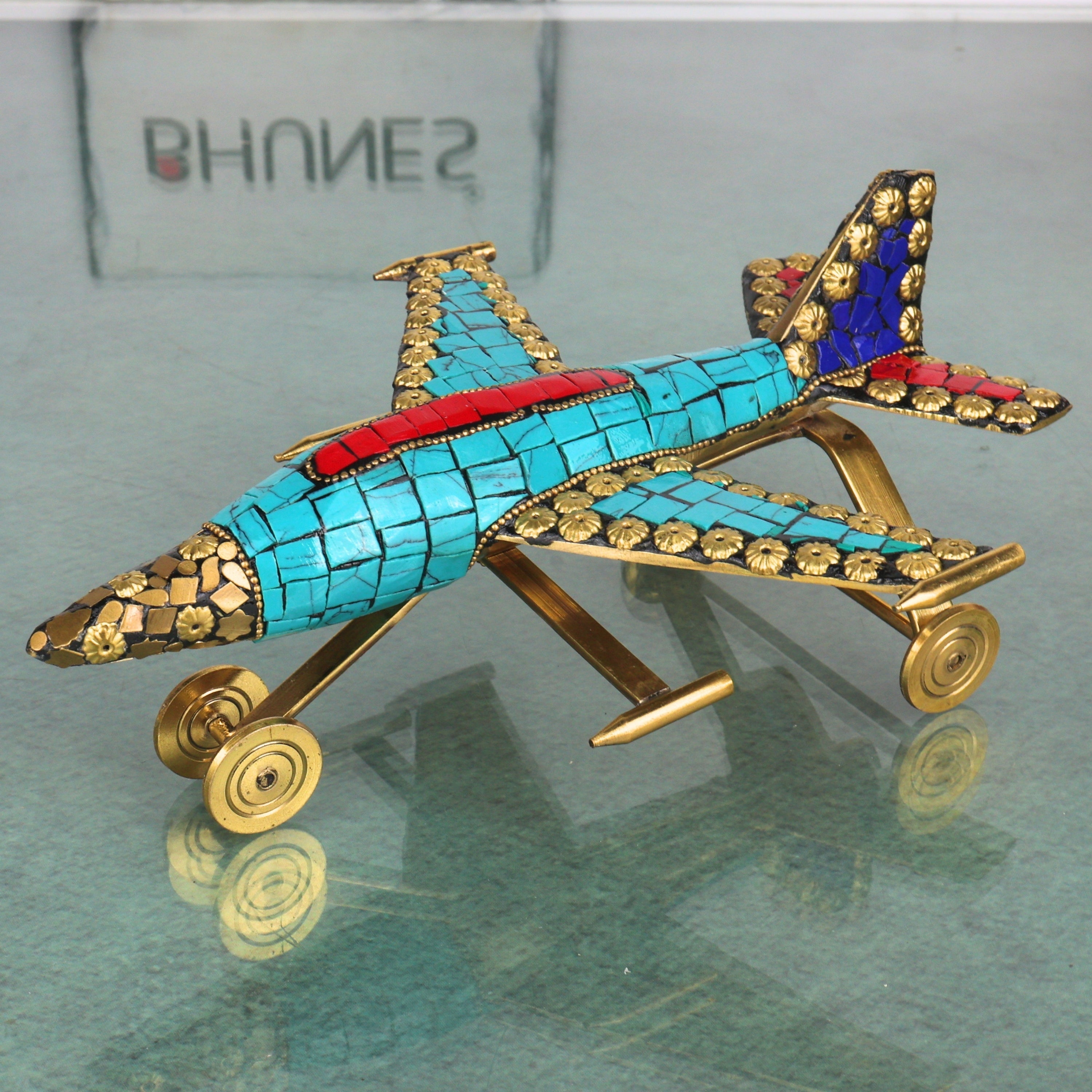 Brass Airplane Sculpture Handcrafted Traditional Vimana Aircraft Showpiece for Home Decor & Gifting, Blue, 4 Inch, 1 Piece