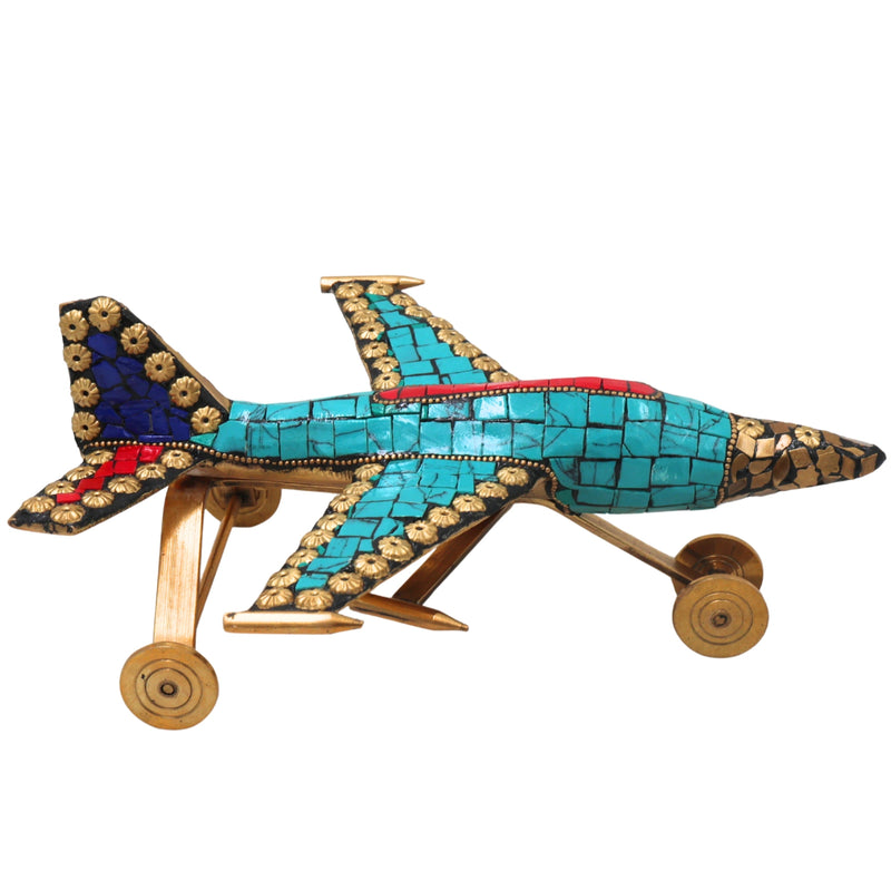 Brass Airplane Sculpture Handcrafted Traditional Vimana Aircraft Showpiece for Home Decor & Gifting, Blue, 4 Inch, 1 Piece