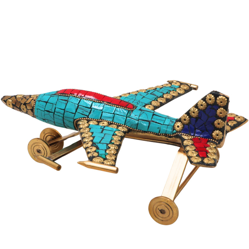 Brass Airplane Sculpture Handcrafted Traditional Vimana Aircraft Showpiece for Home Decor & Gifting, Blue, 4 Inch, 1 Piece