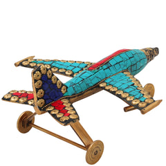 Brass Airplane Sculpture Handcrafted Traditional Vimana Aircraft Showpiece for Home Decor & Gifting, Blue, 4 Inch, 1 Piece