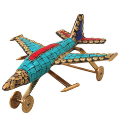 Brass Airplane Sculpture Handcrafted Traditional Vimana Aircraft Showpiece for Home Decor & Gifting, Blue, 4 Inch, 1 Piece
