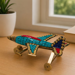 Brass Airplane Sculpture Handcrafted Traditional Vimana Aircraft Showpiece for Home Decor & Gifting, Blue, 4 Inch, 1 Piece