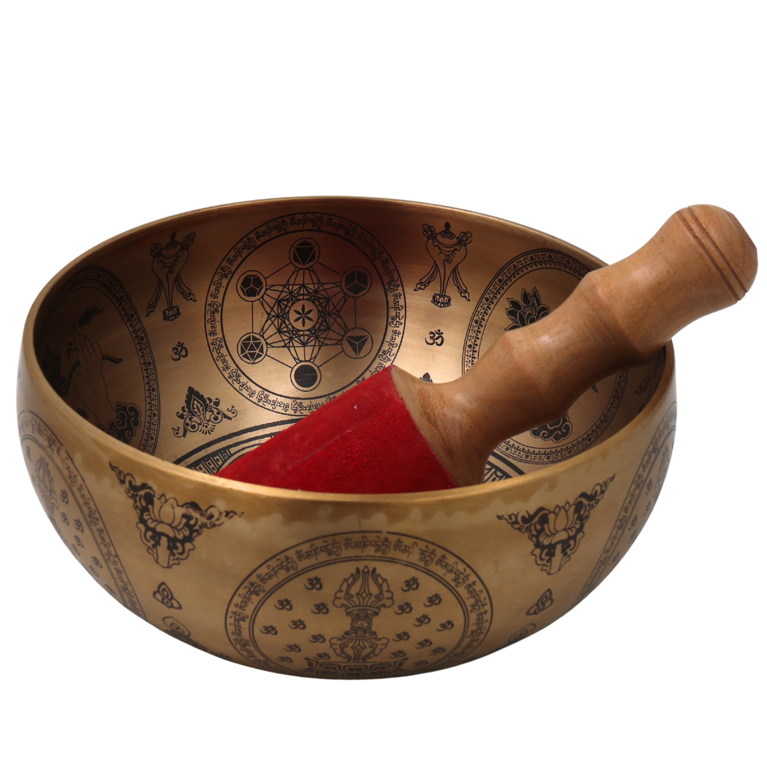 Brass Tibetan Singing Bowl with Wooden Hammer Handcrafted Traditional Meditation Pooja Decor Gift, Gold, 4 Inch, 1 Piece