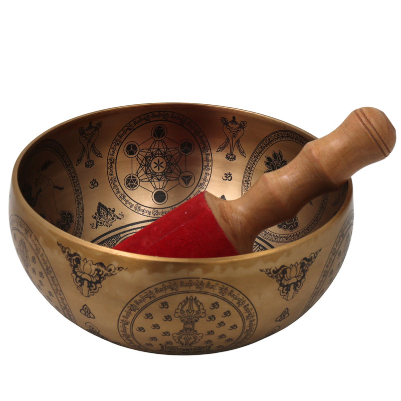 Brass Tibetan Singing Bowl with Wooden Hammer Handcrafted Traditional Meditation Pooja Decor Gift, Gold, 4 Inch, 1 Piece