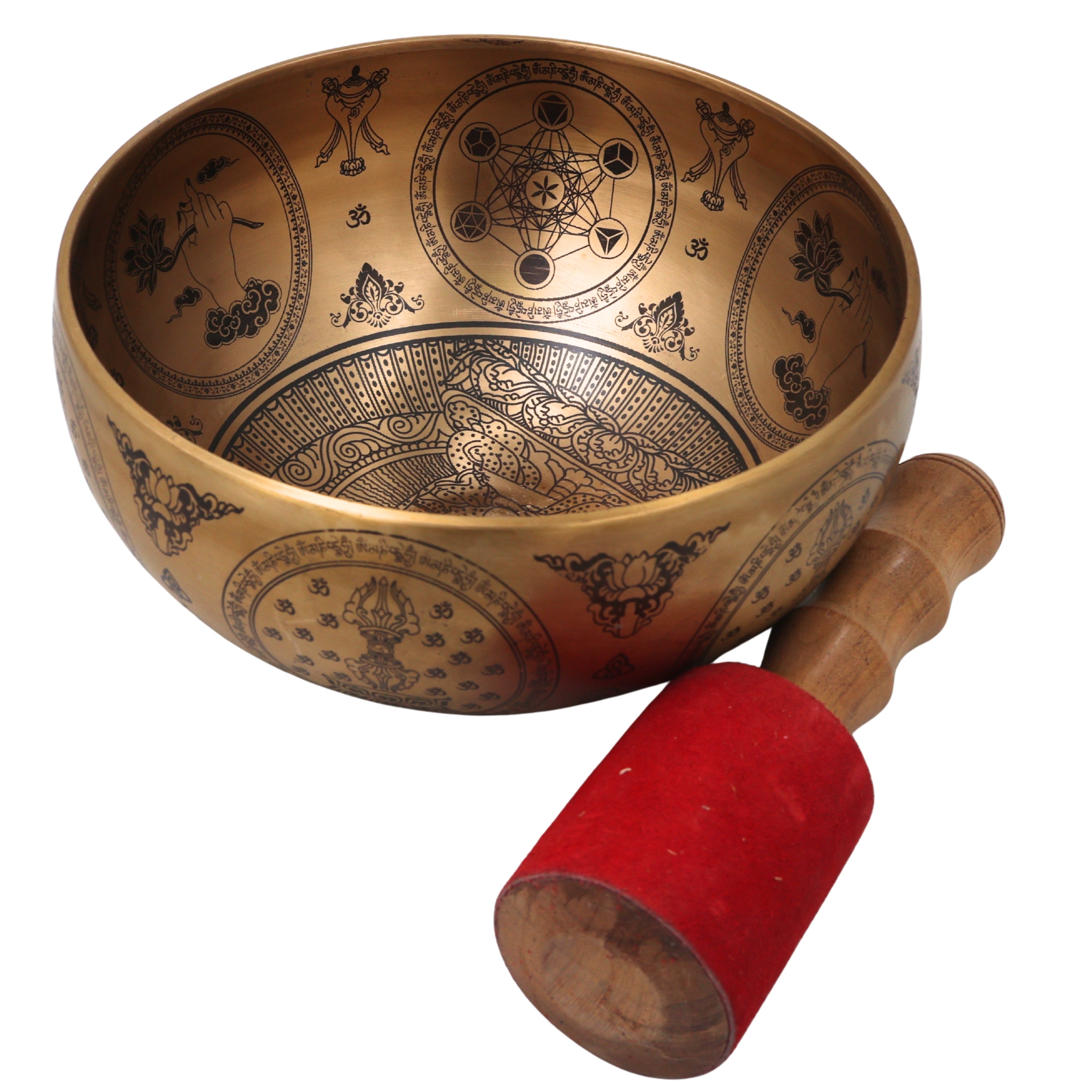 Brass Tibetan Singing Bowl with Wooden Hammer Handcrafted Traditional Meditation Pooja Decor Gift, Gold, 4 Inch, 1 Piece