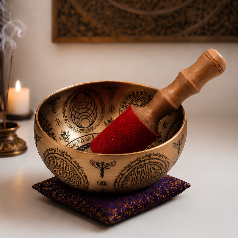 Brass Tibetan Singing Bowl with Wooden Hammer Handcrafted Traditional Meditation Pooja Decor Gift, Gold, 4 Inch, 1 Piece