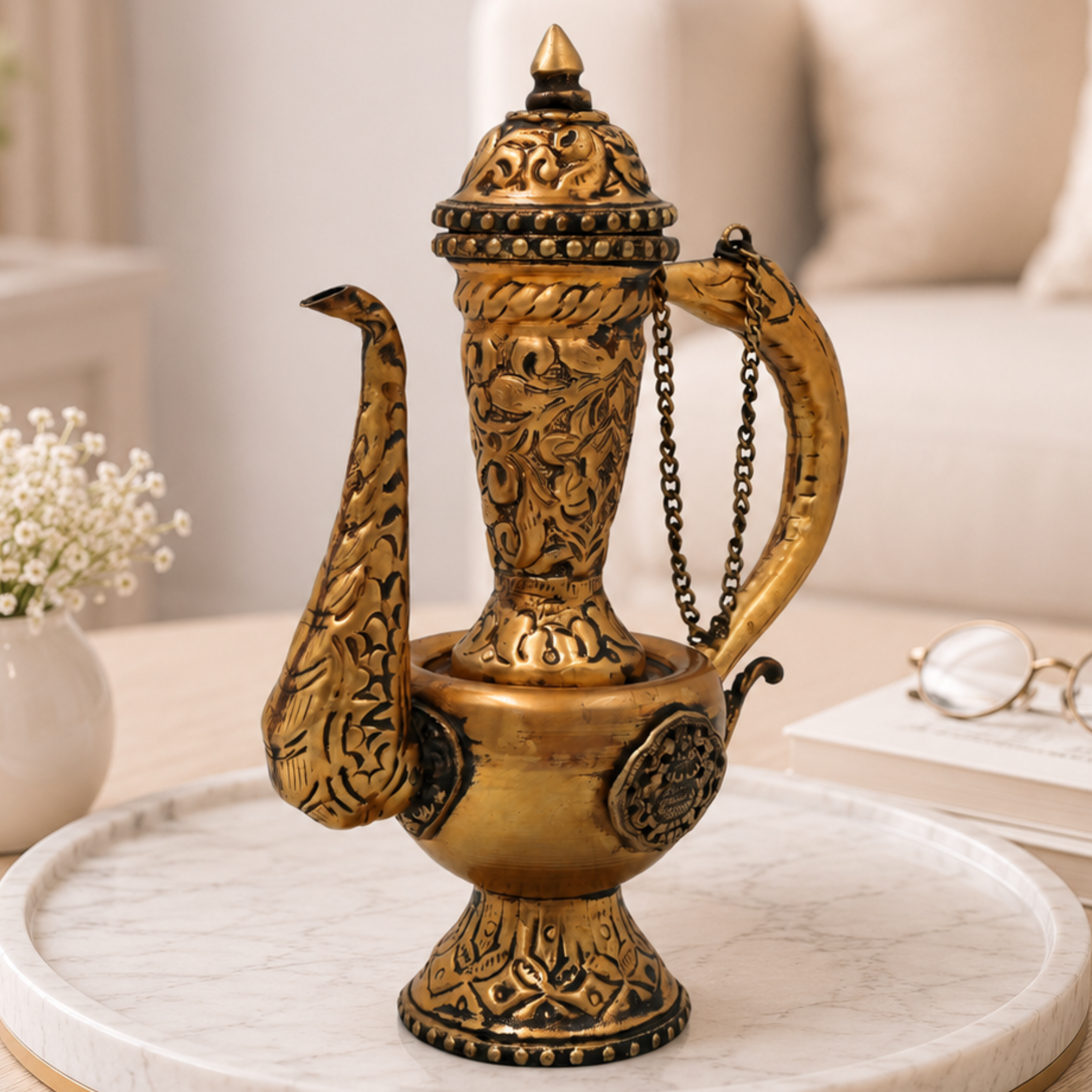 Handcrafted Traditional Brass Kettle Sculpture for Home Decor & Gifting, Vintage Indian Heritage Teapot Accent, Gold, 9 Inch, 1 Piece