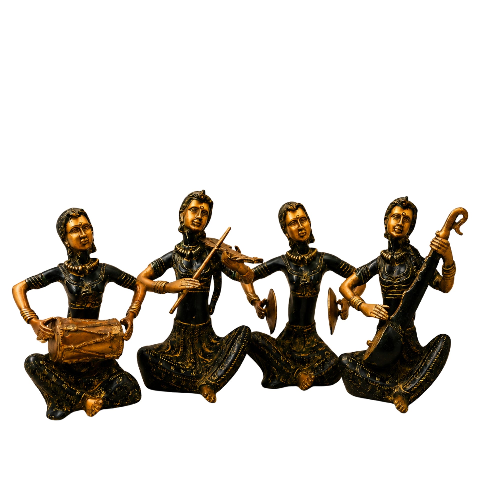 Brass Lady Musician Set of 4 Sculpture Handcrafted Traditional Chola Art Home Decor Gifting Statue, Green, 12 Inch, 1 Piece