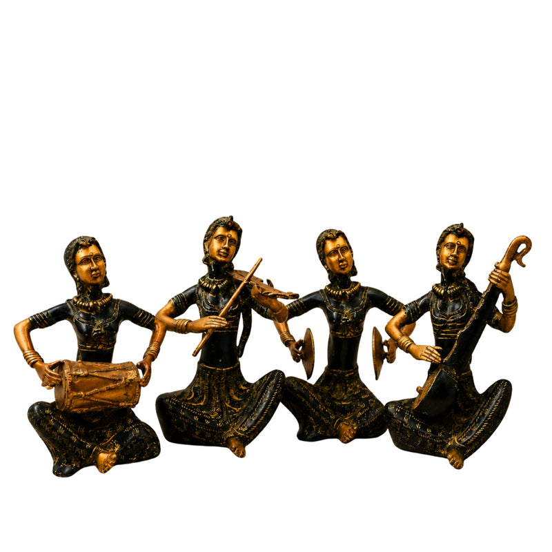 Brass Lady Musician Set of 4 Sculpture Handcrafted Traditional Chola Art Home Decor Gifting Statue, Green, 12 Inch, 1 Piece