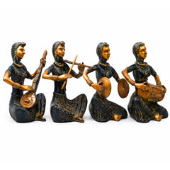 Brass Lady Musician Set of 4 Sculpture Handcrafted Traditional Chola Art Home Decor Gifting Statue, Green, 12 Inch, 1 Piece