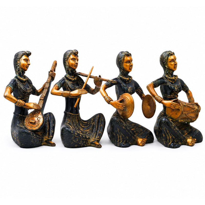 Brass Lady Musician Set of 4 Sculpture Handcrafted Traditional Chola Art Home Decor Gifting Statue, Green, 12 Inch, 1 Piece