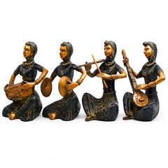 Brass Lady Musician Set of 4 Sculpture Handcrafted Traditional Chola Art Home Decor Gifting Statue, Green, 12 Inch, 1 Piece
