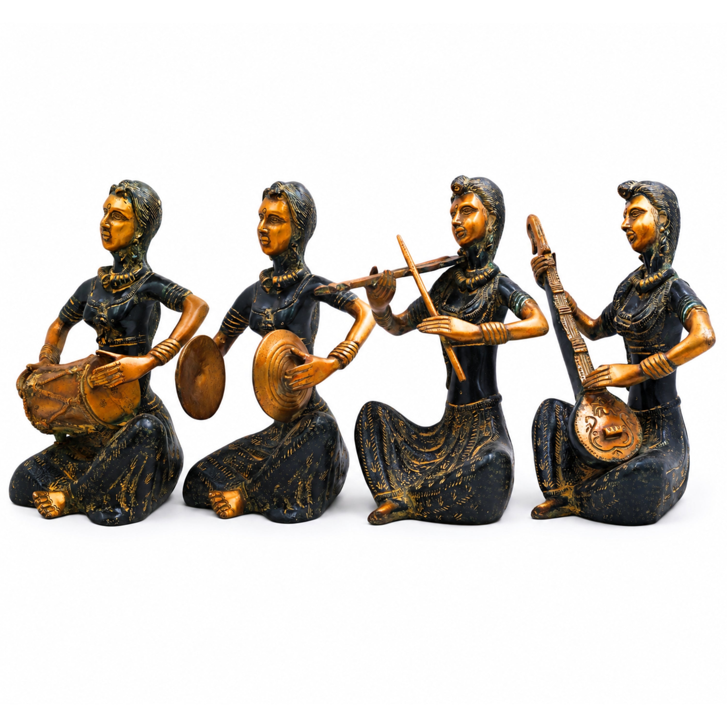 Brass Lady Musician Set of 4 Sculpture Handcrafted Traditional Chola Art Home Decor Gifting Statue, Green, 12 Inch, 1 Piece