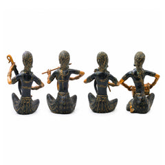 Brass Lady Musician Set of 4 Sculpture Handcrafted Traditional Chola Art Home Decor Gifting Statue, Green, 12 Inch, 1 Piece