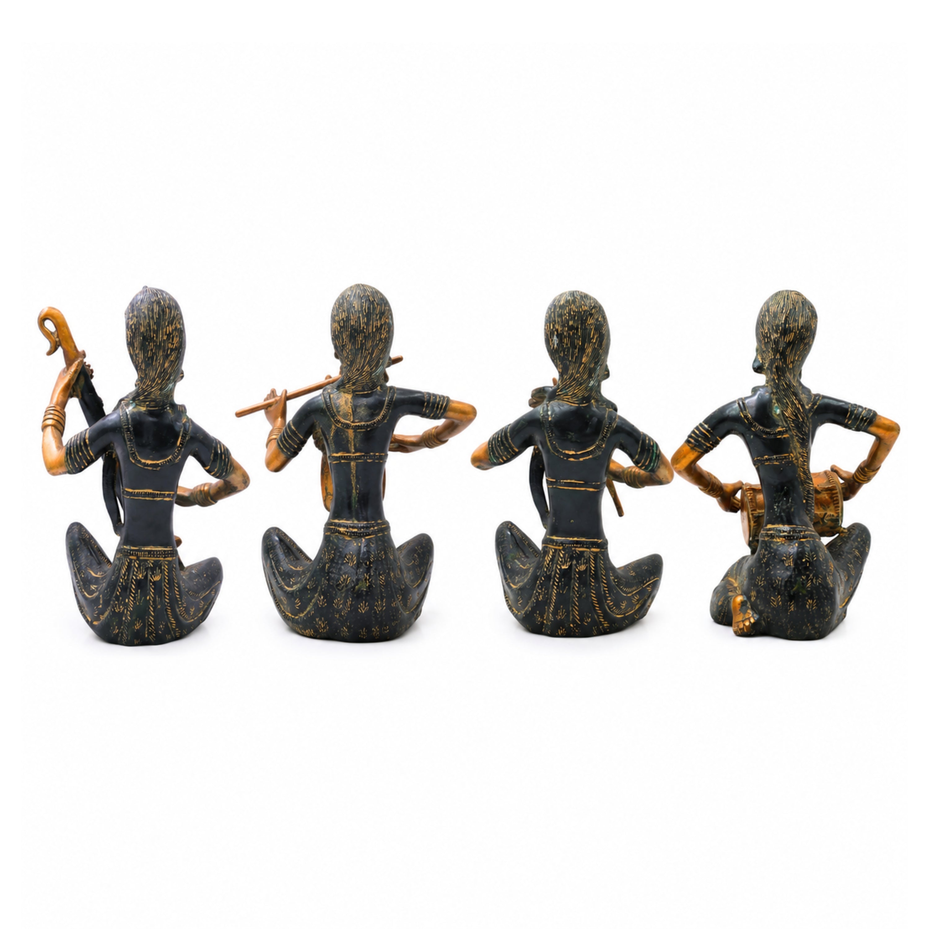 Brass Lady Musician Set of 4 Sculpture Handcrafted Traditional Chola Art Home Decor Gifting Statue, Green, 12 Inch, 1 Piece