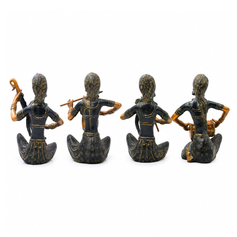 Brass Lady Musician Set of 4 Sculpture Handcrafted Traditional Chola Art Home Decor Gifting Statue, Green, 12 Inch, 1 Piece
