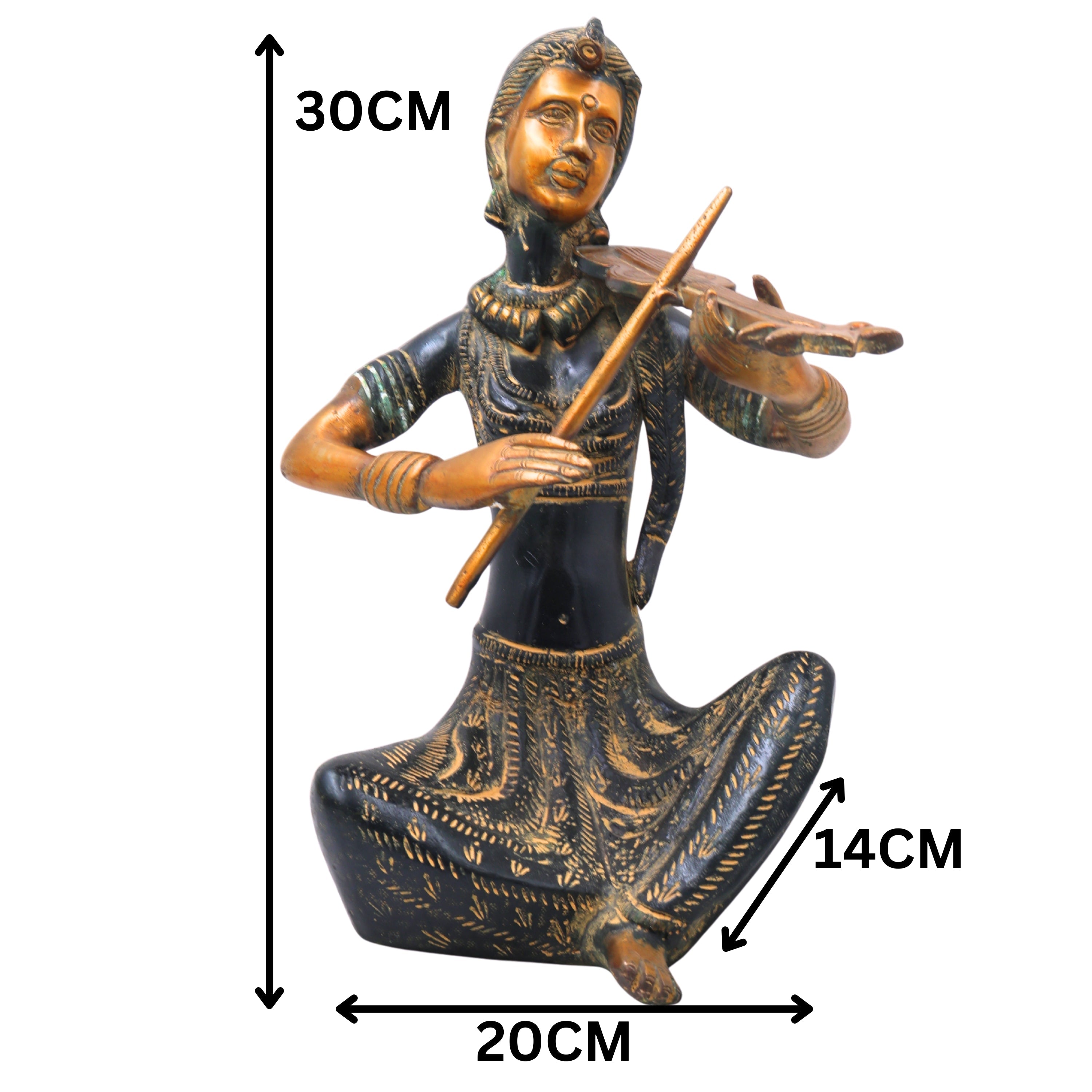 Brass Lady Musician Set of 4 Sculpture Handcrafted Traditional Chola Art Home Decor Gifting Statue, Green, 12 Inch, 1 Piece