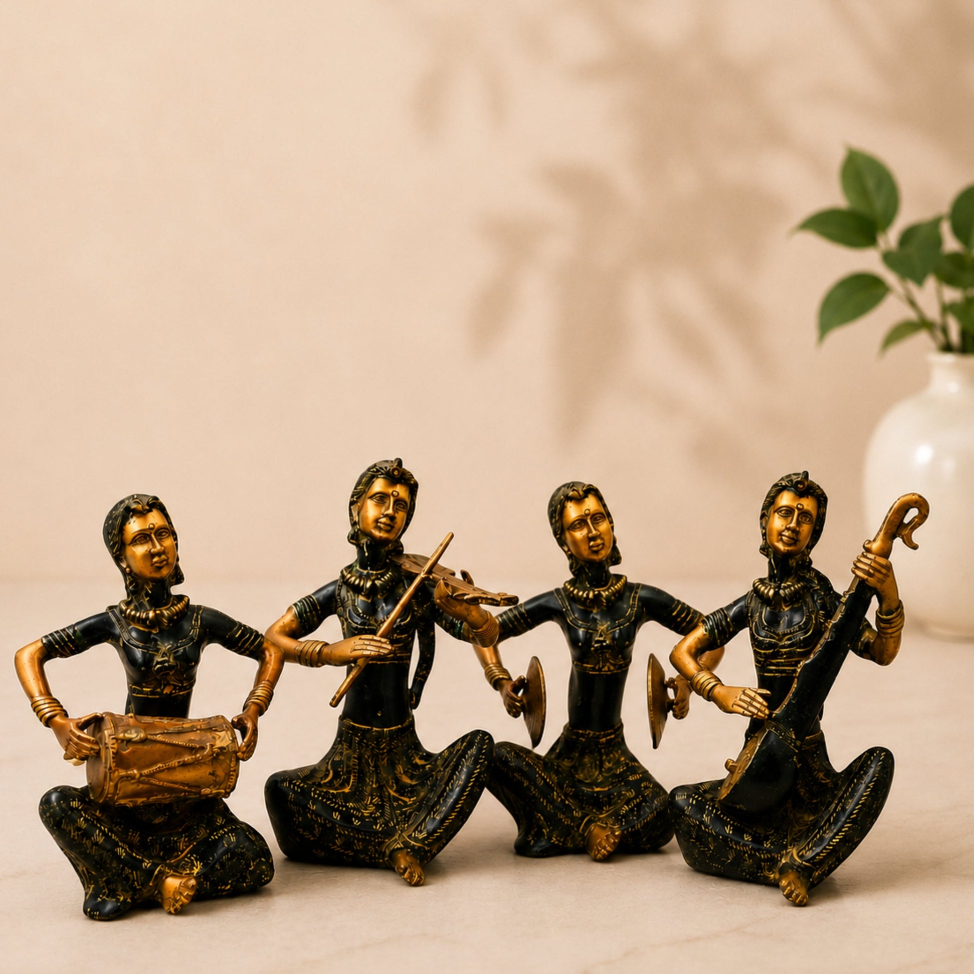 Brass Lady Musician Set of 4 Sculpture Handcrafted Traditional Chola Art Home Decor Gifting Statue, Green, 12 Inch, 1 Piece