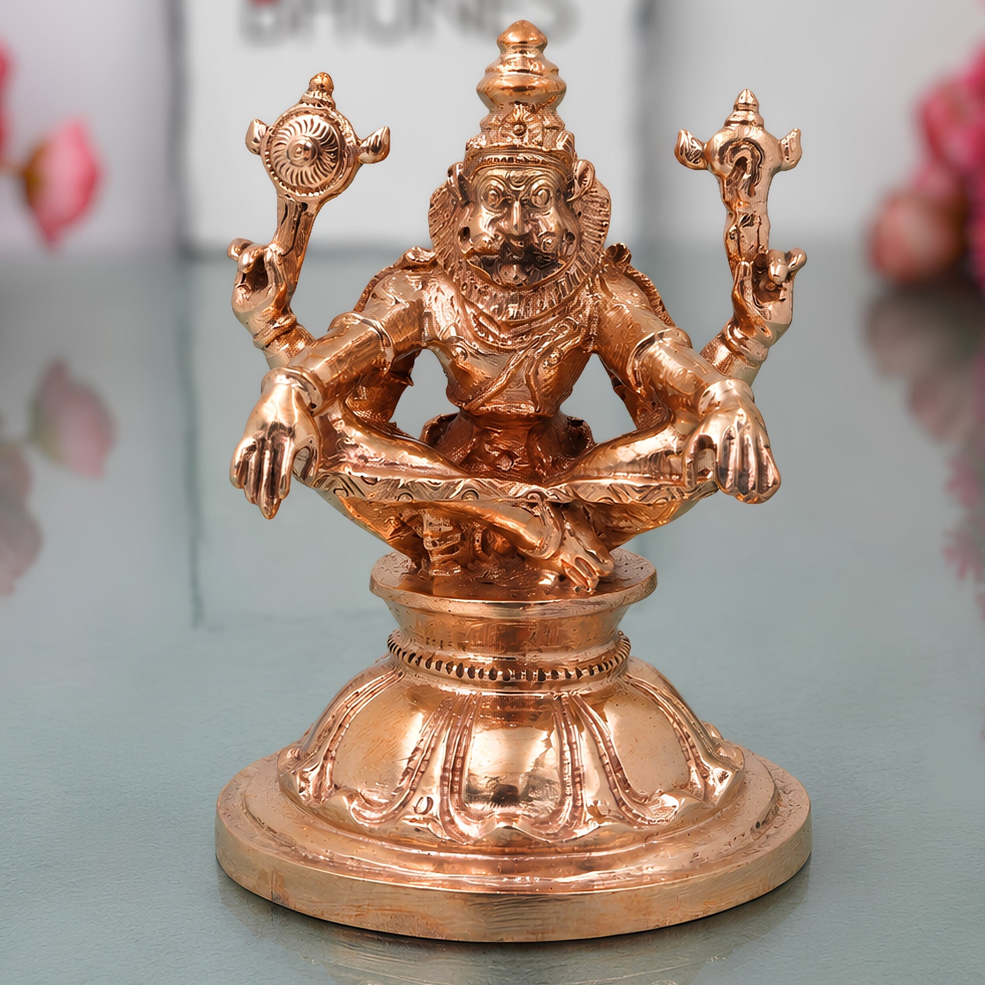 Handcrafted Bronze Yoga Narasimha Idol, Narahari Chola Style Murti for Pooja, Home Decor & Spiritual Gifting, Gold, 4 Inch, 1 Piece