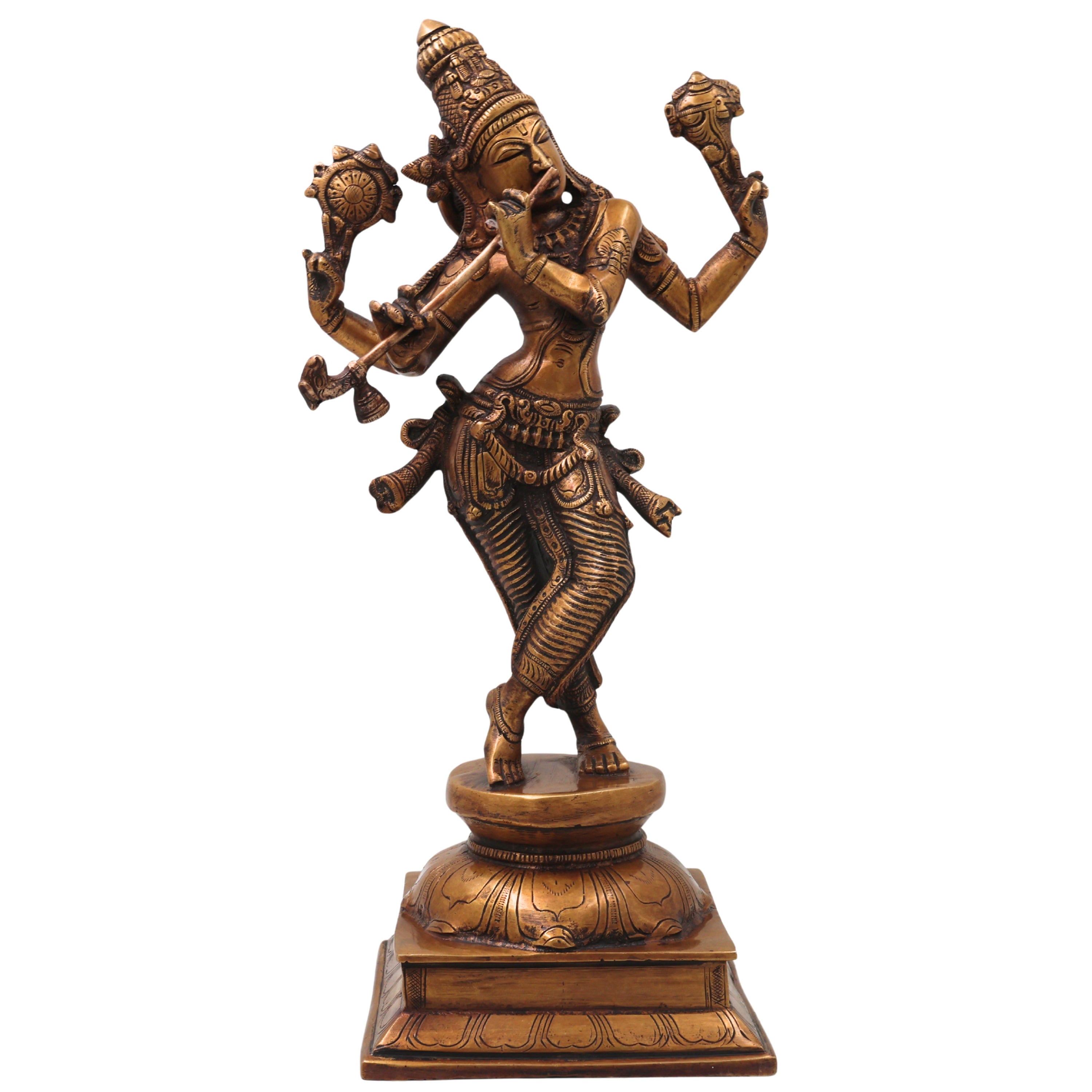 Brass Krishna Idol Handcrafted Venugopala Govinda Murti for Pooja, Home Decor, Gifting, Gold, 15 Inch, 1 Piece