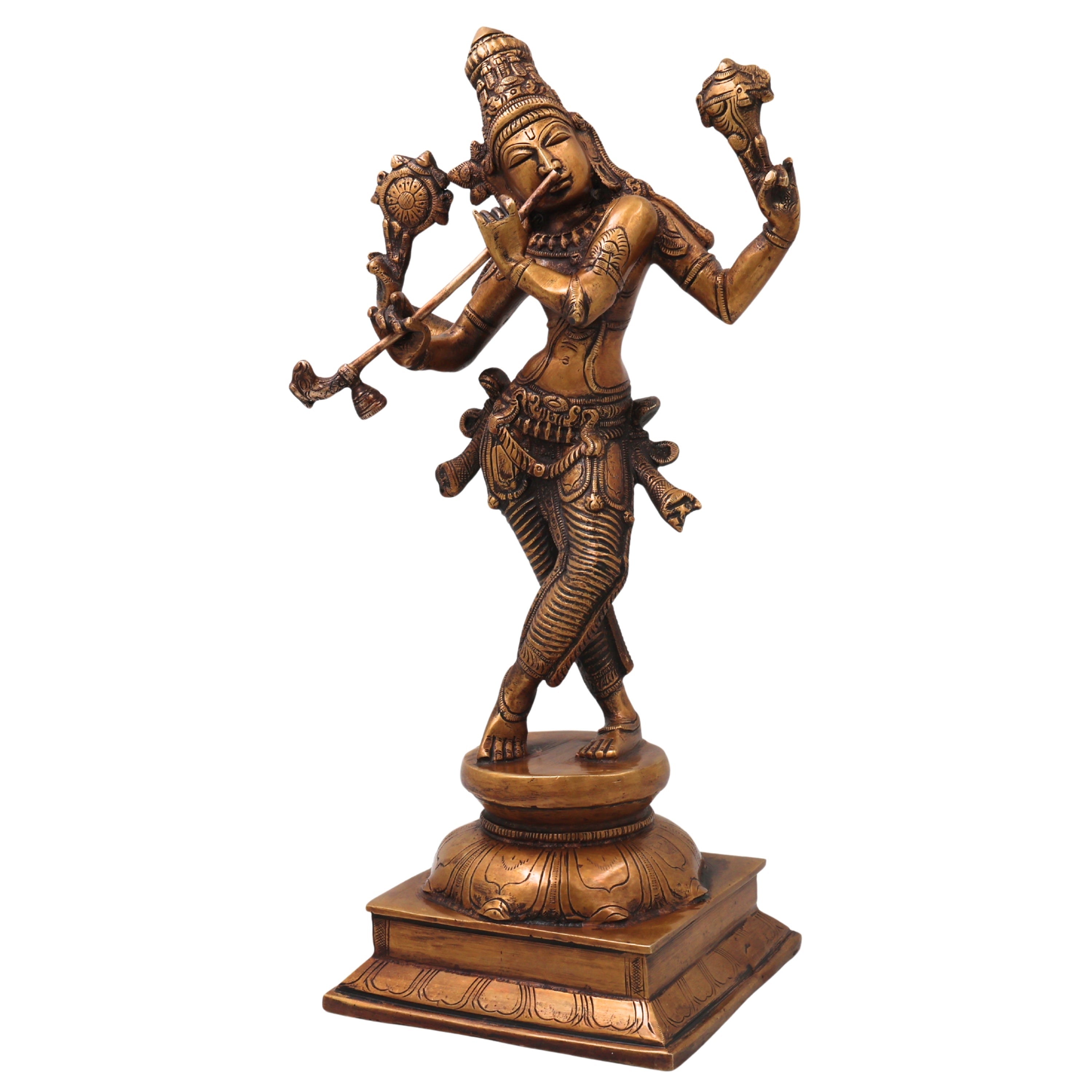 Brass Krishna Idol Handcrafted Venugopala Govinda Murti for Pooja, Home Decor, Gifting, Gold, 15 Inch, 1 Piece