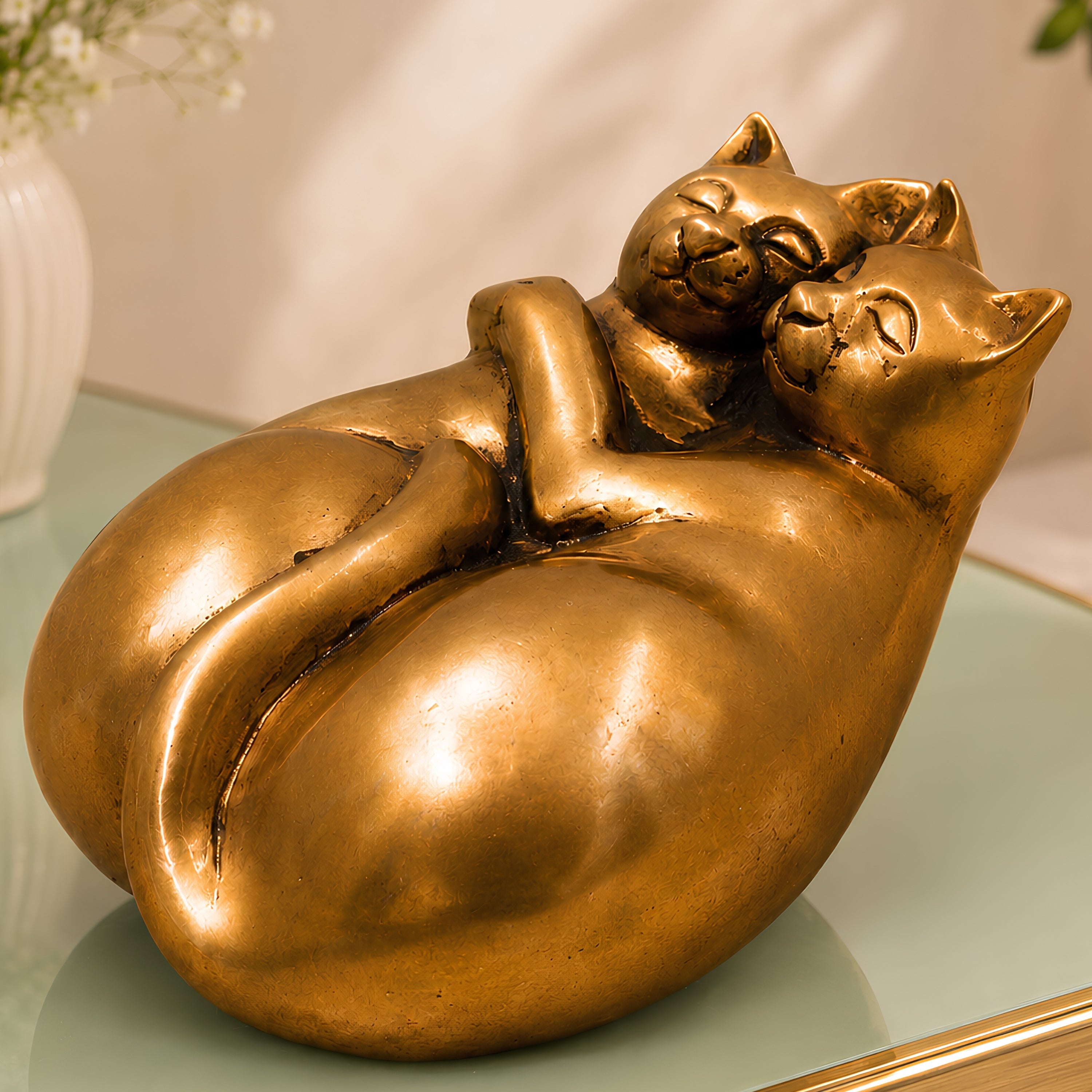 Handcrafted Brass Two Cats Sculpture, Traditional Cat Statue for Home Decor, Vastu, Gifting & Collectibles, Gold, 3.5 Inch, 1 Piece
