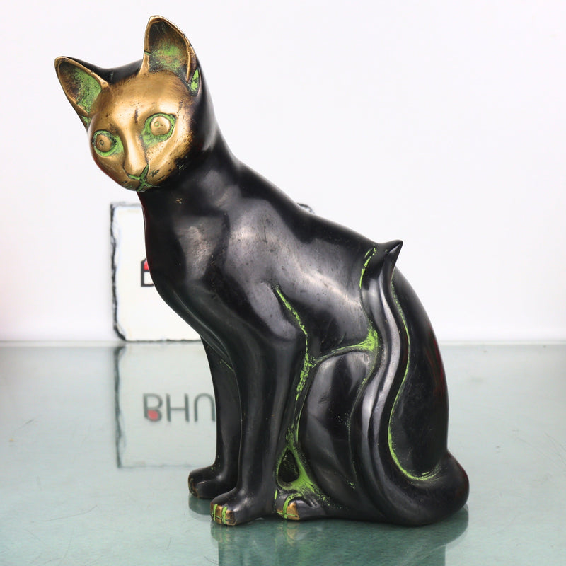 Handcrafted Brass Cat Idol, Lucky Vastu Cat Figurine for Home Decor, Spiritual Gifting & Luxury Display, Black, 8 Inch, 1 Piece