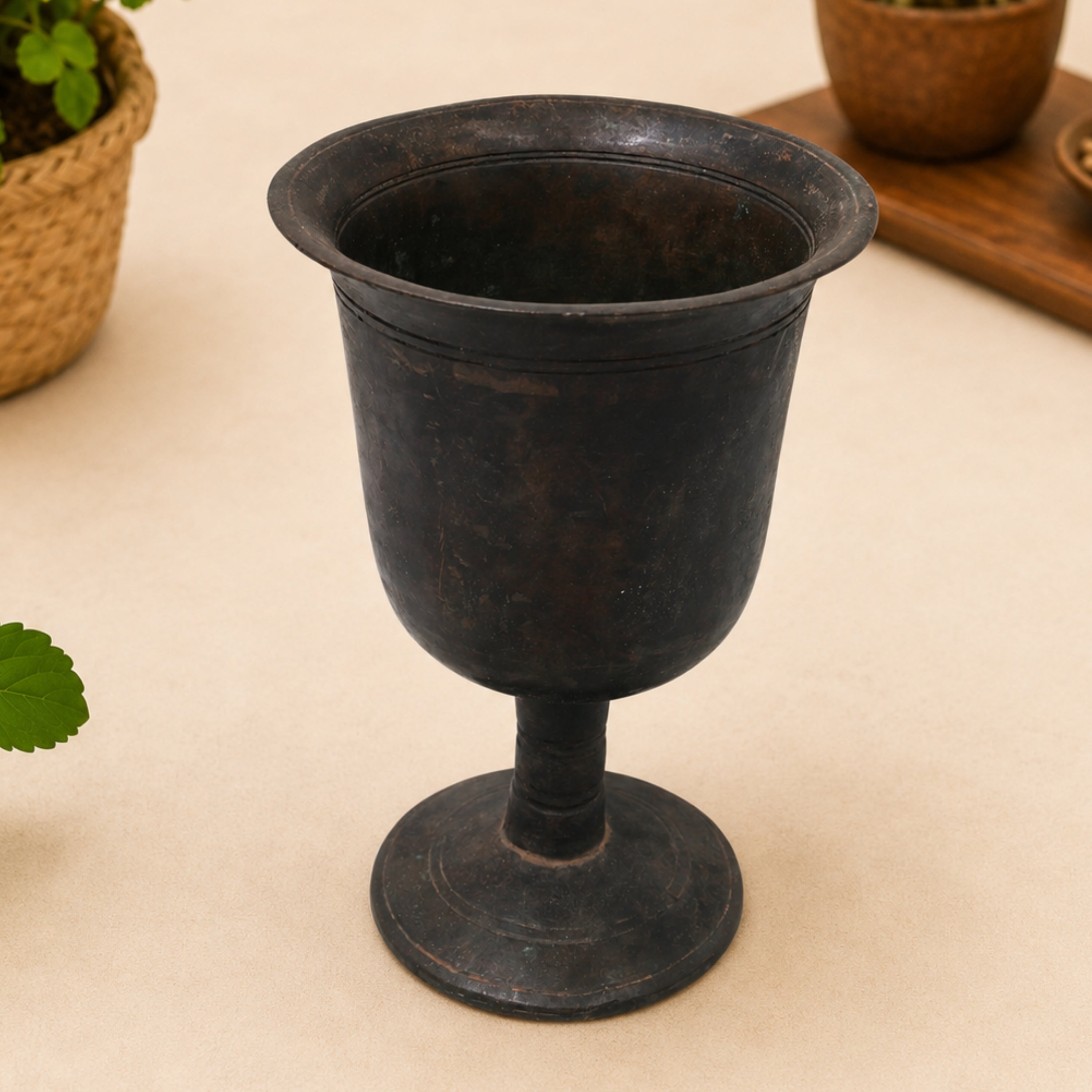 Brass Vintage Glass Pot for Pooja, Handcrafted Temple Decor, Sacred Jal Patra, Traditional Giftware, Brown, 5 Inch, 1 Piece