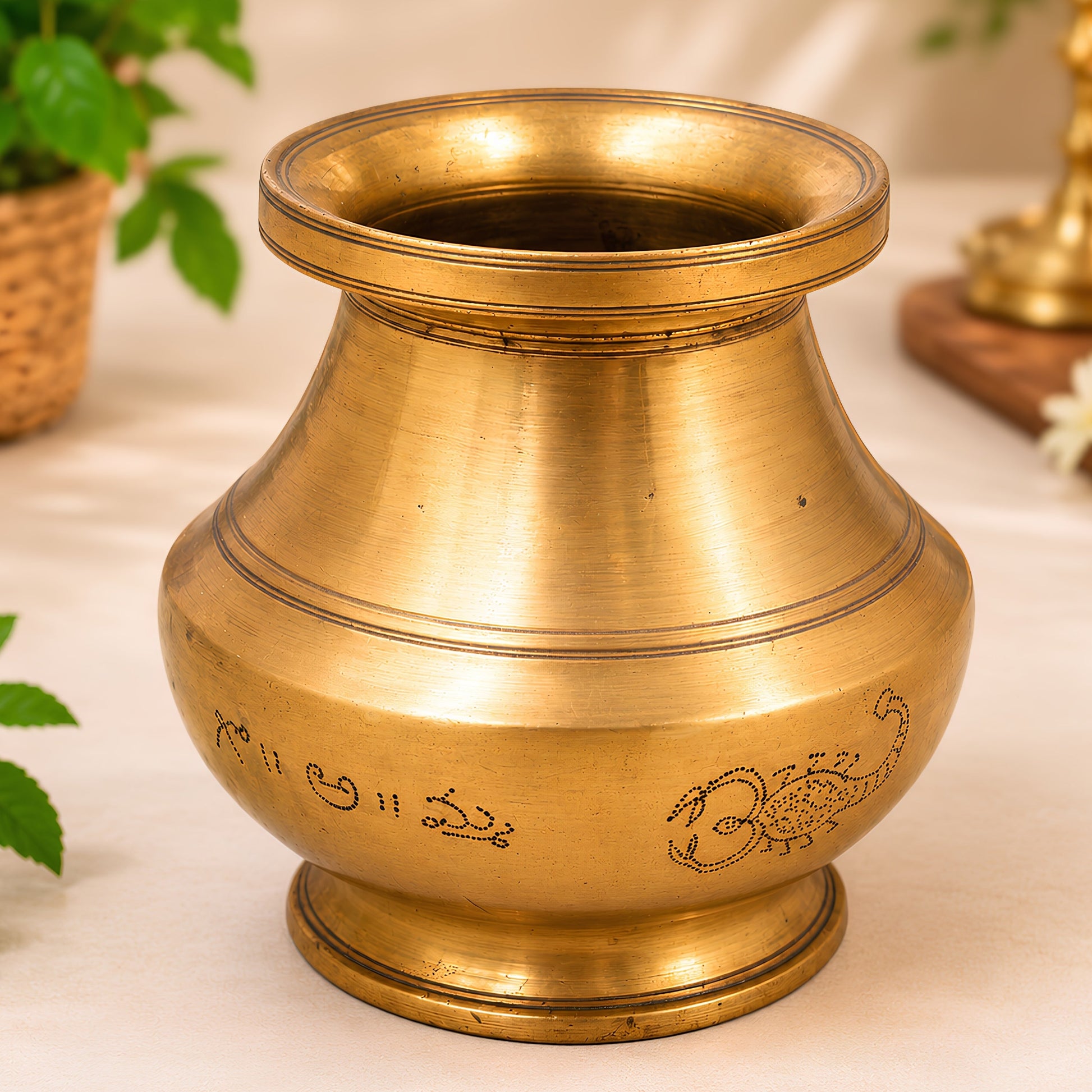 Brass Pooja Kalash Kumbha Kalasam, Handcrafted Traditional Chola Sacred Ritual Vessel for Worship & Gifting, Gold, 4.5 Inch, 1 Piece