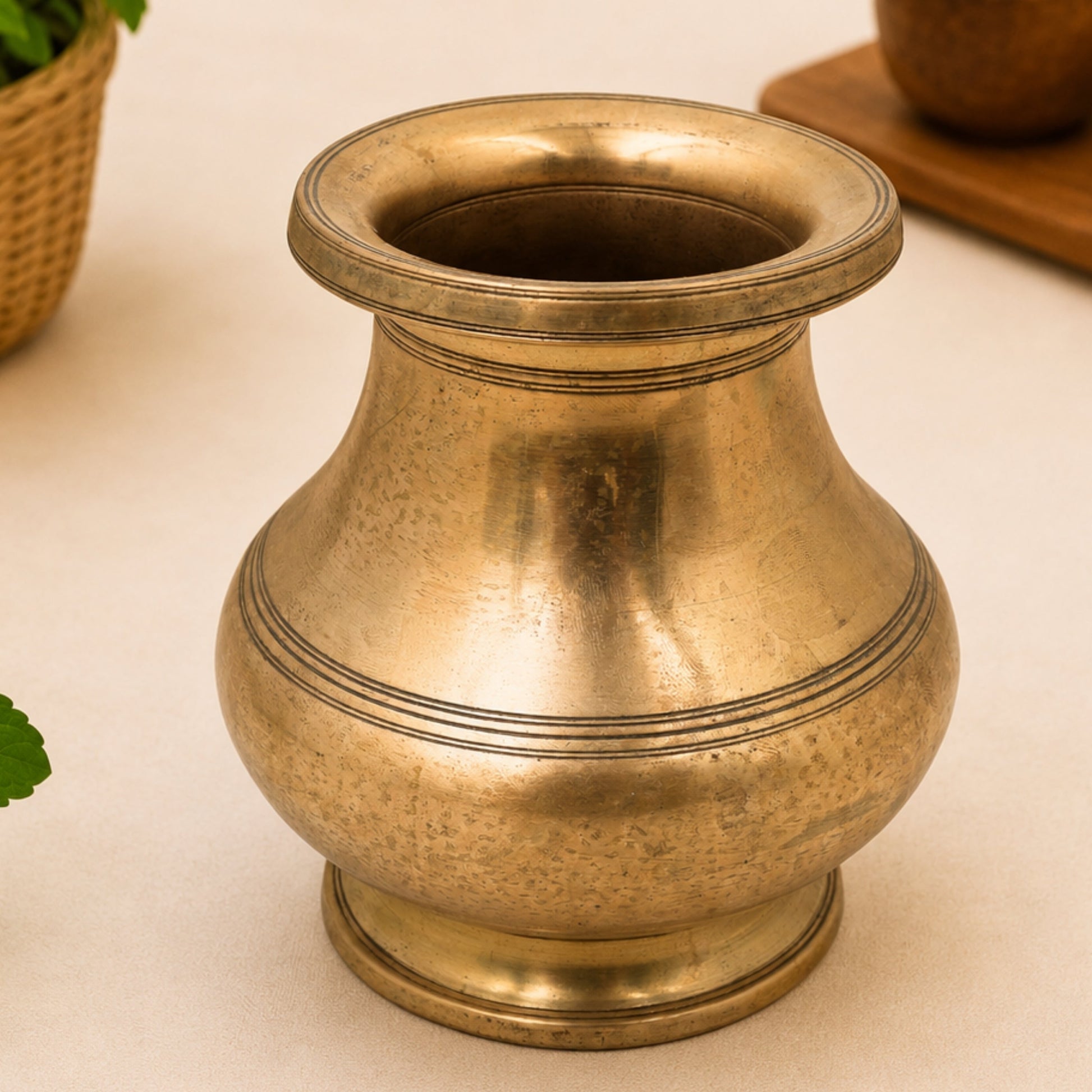 Brass Lota Kalash for Pooja, Purna Kumbha Sacred Ritual Vessel, Handcrafted Traditional Chola Gift Decor, Gold, 5.5 Inch, 1 Piece