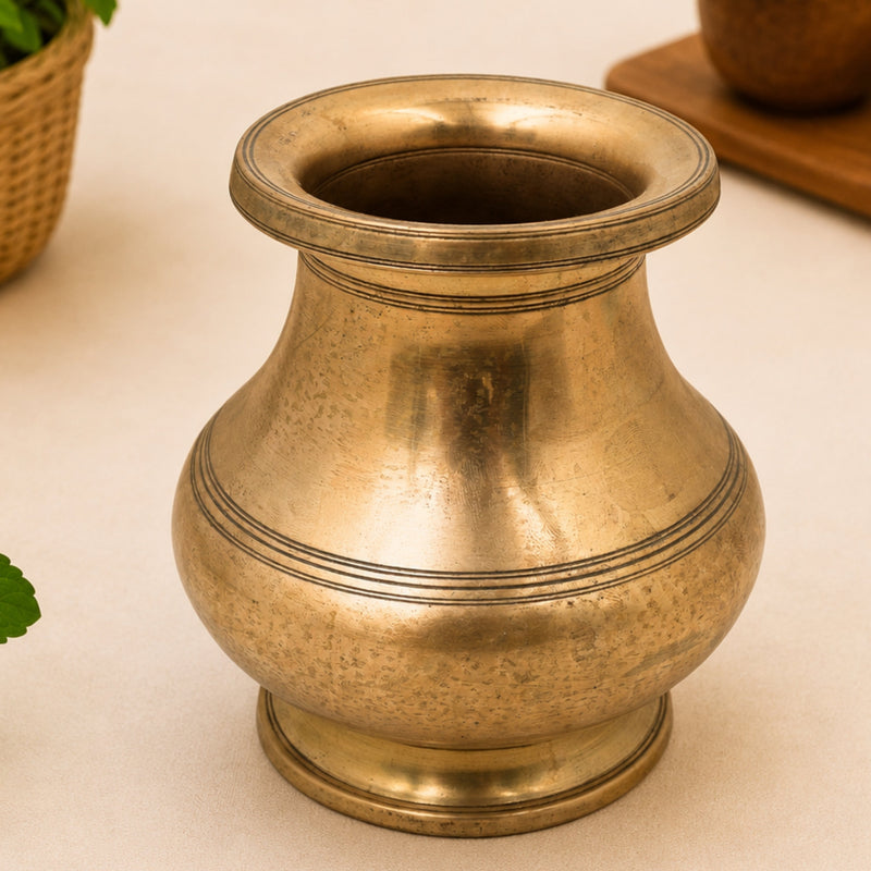 Brass Lota Kalash for Pooja, Purna Kumbha Sacred Ritual Vessel, Handcrafted Traditional Chola Gift Decor, Gold, 5.5 Inch, 1 Piece