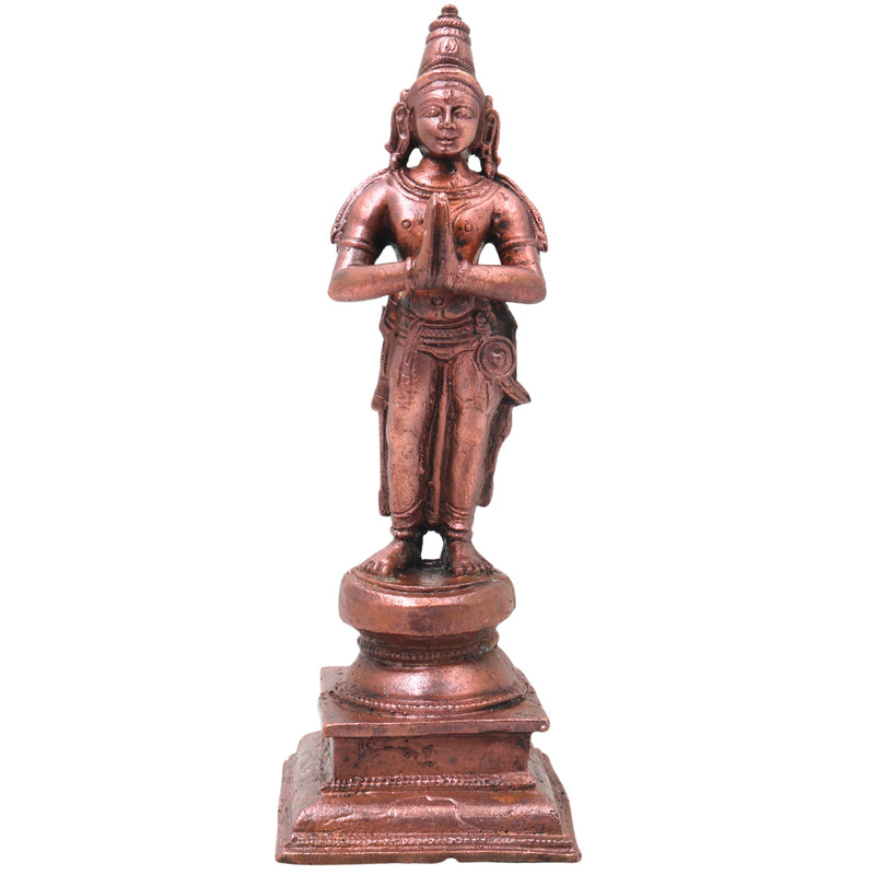 Handcrafted Copper Alwar Idol, Alvar Murti, Azhwar Vigraham, Srivaishnava Figurine for Pooja &amp; Decor, Brown, 6 Inch, 1 Piece