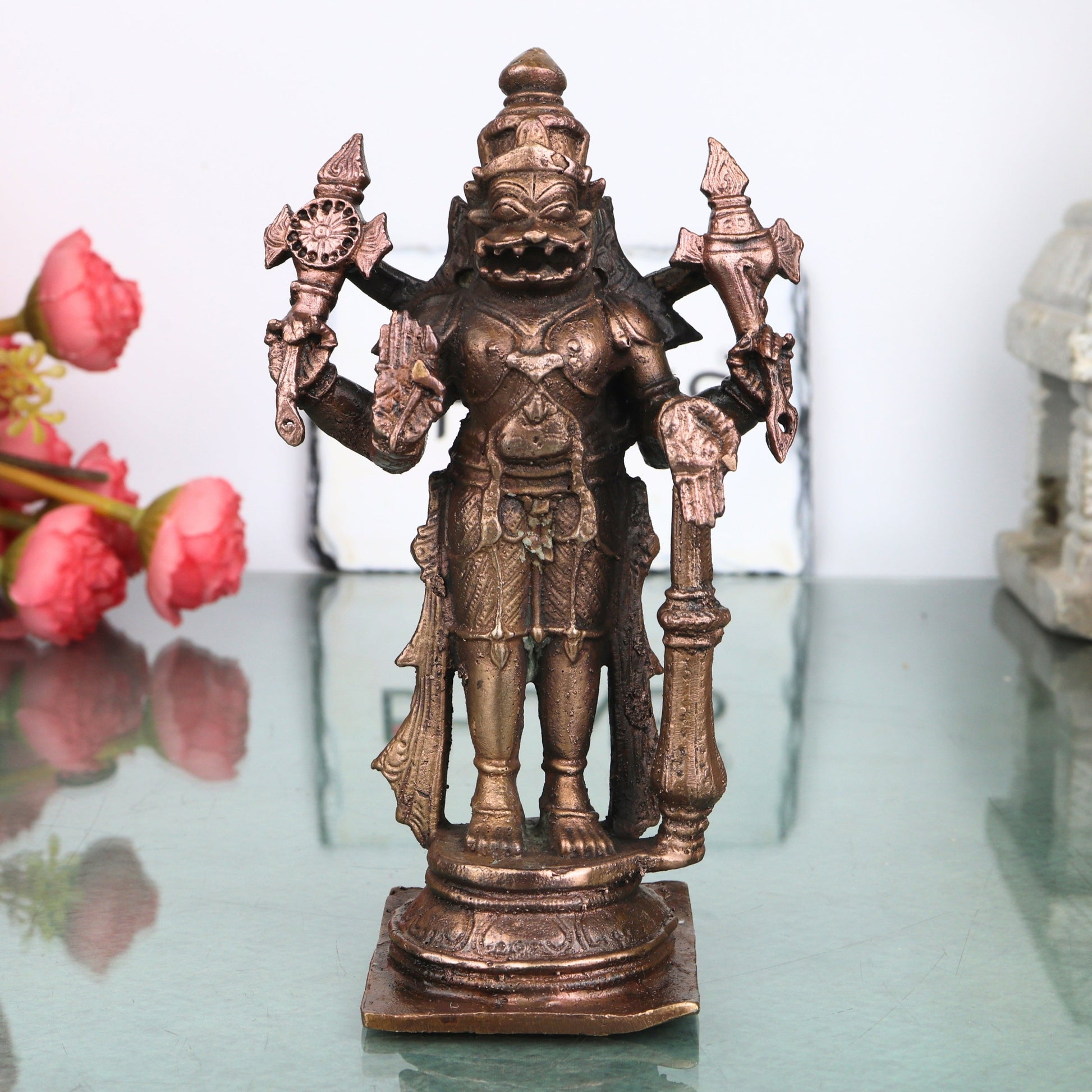Handcrafted Copper Narasimha Idol, Lakshmi Narasimha Murti for Pooja, Vastu, Home Temple &amp; Spiritual Decor, Brown, 6.5 Inch, 1 Piece